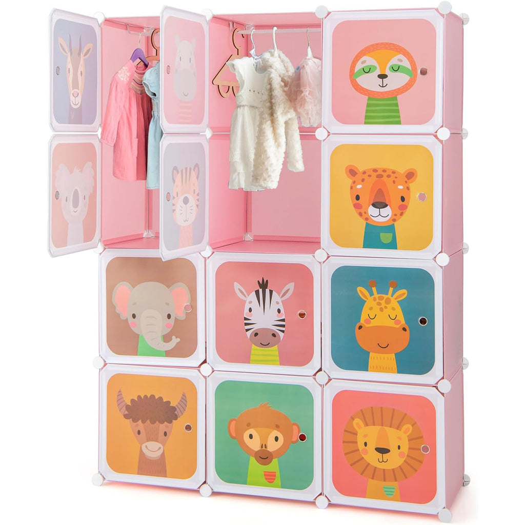 Costway Kids Wardrobe Closet, Baby Cartoon Clothes Storage Organizer, 12 Cubes & 2 Hanging Sections, Portable Children DIY Modular Bedroom Armoire Dresser Cabinet for Boys Girls (Blue\u002FPink\u002FWhite)