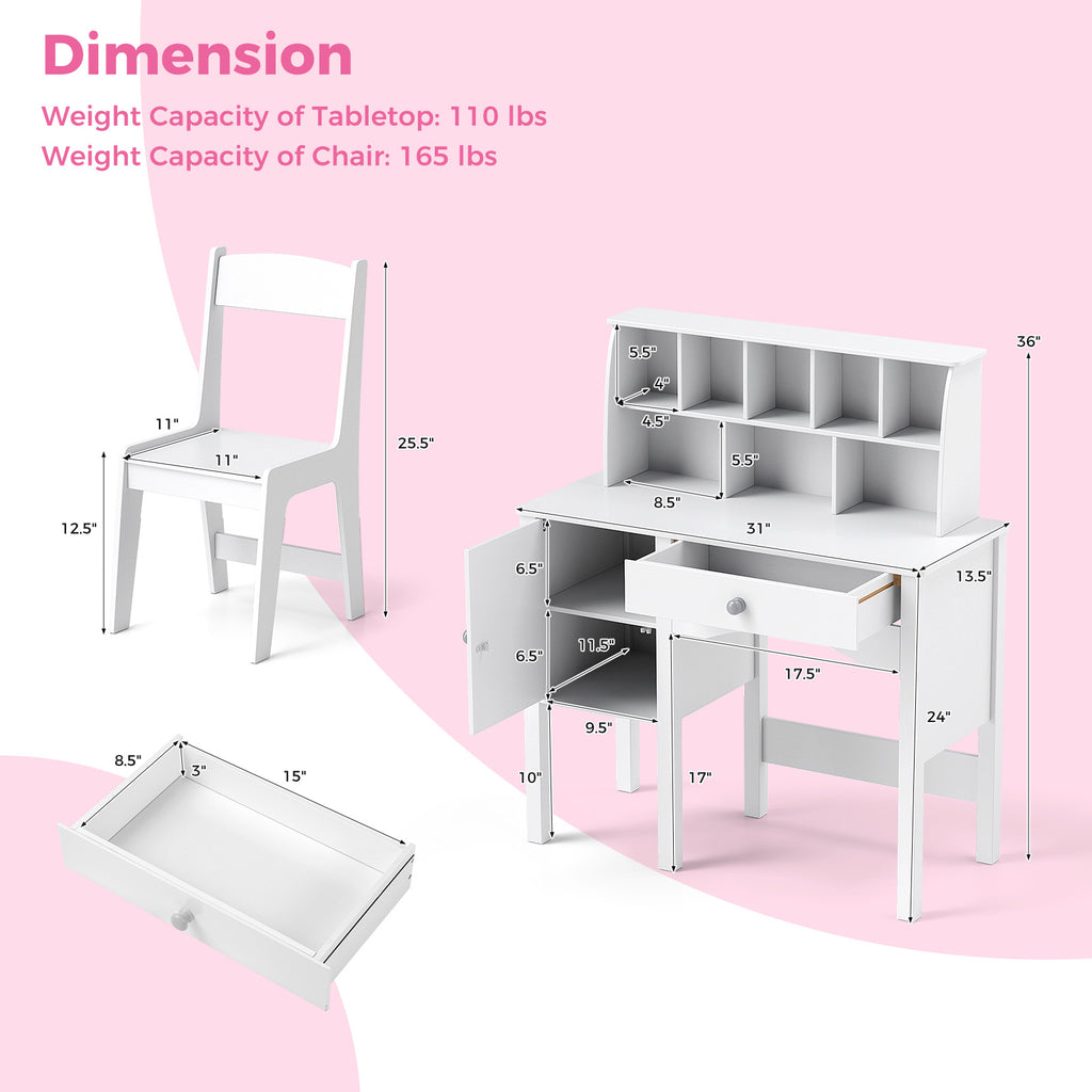 COSTWAY Kids Desk and Chair Set, Wooden Children's Desk & Chair Set with 8-Cubby Hutch, Large Cabinet & Drawer, Ergonomic Backrest, Workstation Writing Table, Kids Table and Chair with Storage for Home School