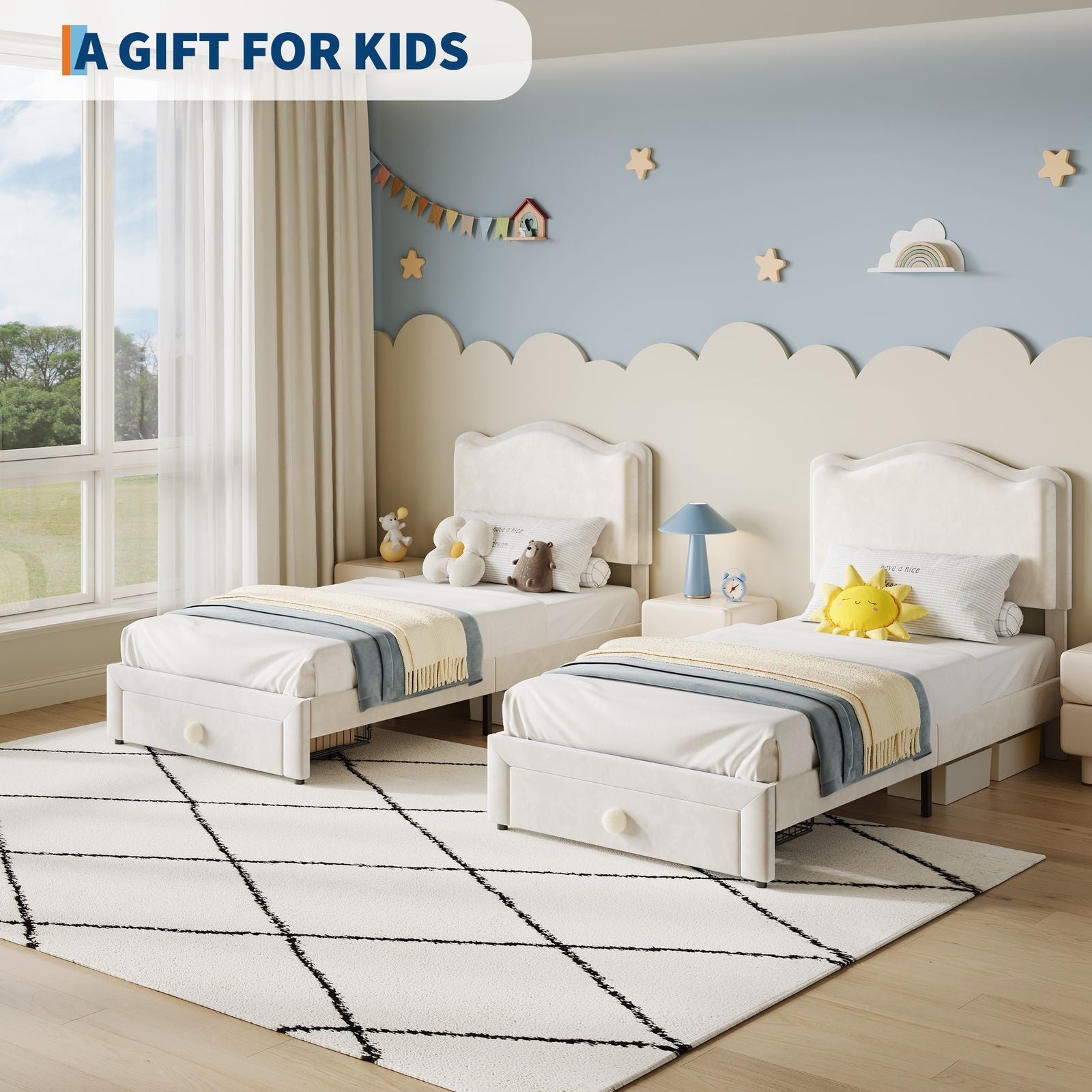White Twin Soft Platform Bed Featuring a Headboard And Storage Drawer, Designed for Girls And Kids. It Includes Wooden Slats, Requires No Box Spring, And Is Easy to Assemble