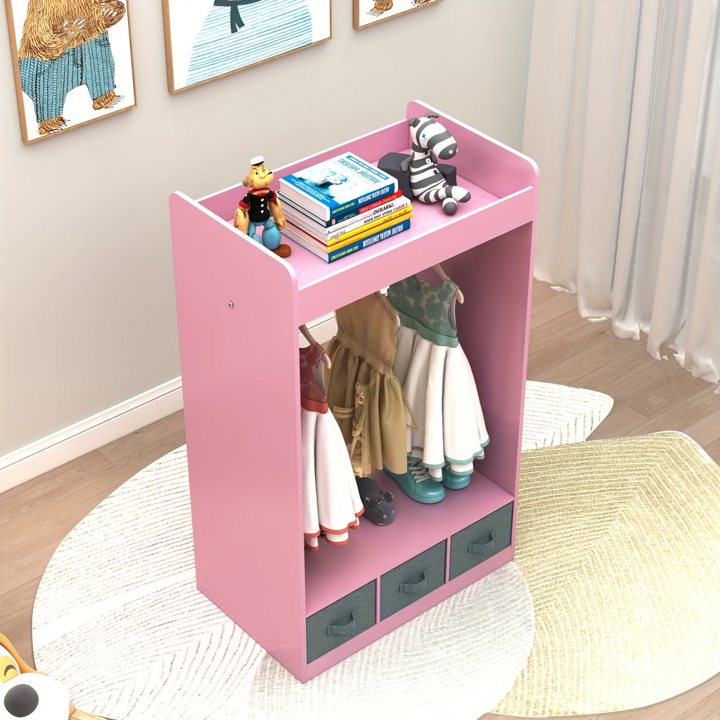 Wardrobe in Ins Style Featuring Three Non-Woven Drawers, a Clothes Hanger with Seven Clothing Beads, And a Mirror Design. Ideal for a Pink Princess-Themed Room, Perfect for Small Apartments Measuring 24.8×11.81×42.13inch
