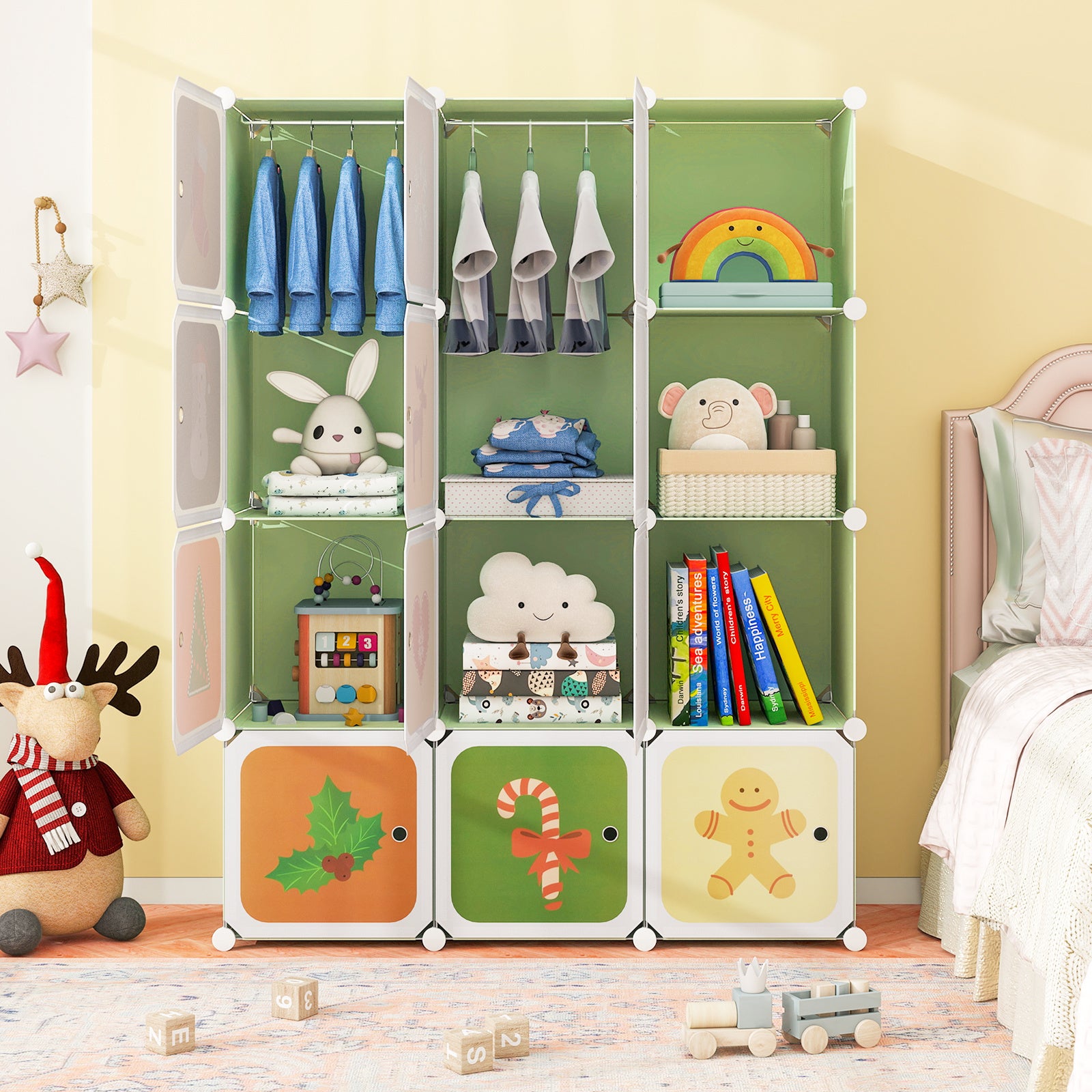 COSTWAY 12-Cube Kids Wardrobe Baby Dresser Bedroom Armoire Clothes Hanging Closet w\u002FDoors