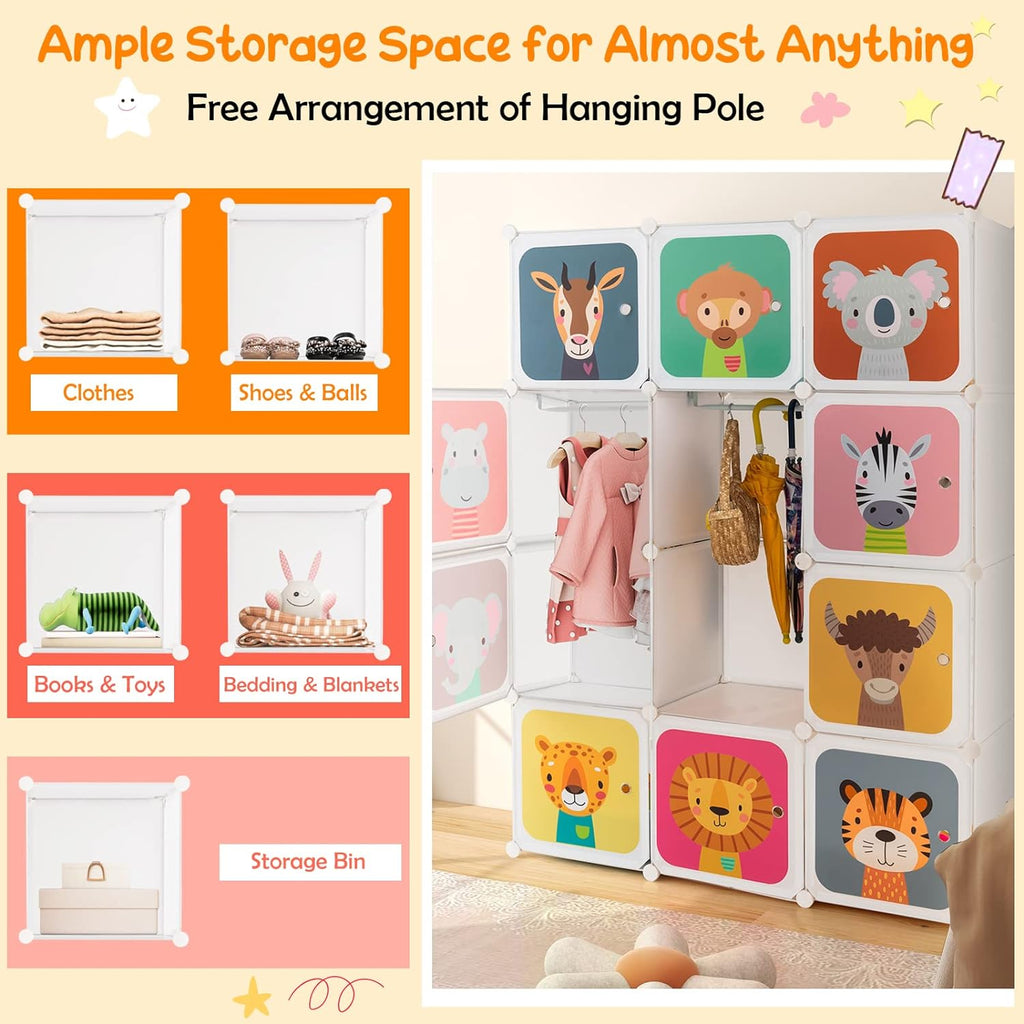 Costway Kids Wardrobe Closet, Baby Cartoon Clothes Storage Organizer, 12 Cubes & 2 Hanging Sections, Portable Children DIY Modular Bedroom Armoire Dresser Cabinet for Boys Girls (Blue\u002FPink\u002FWhite)