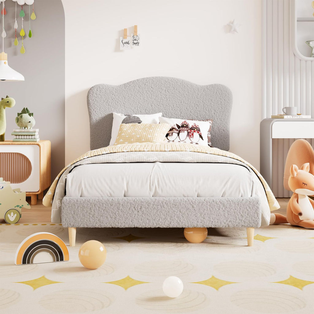 Kids Upholstered Twin XL Bed Frame with Scalloped Headboard - Grey Platform Bed Suitable for Boys & Girls, Sturdy Wooden Slats Support, No Box Spring Needed, Modern Twin Bed for Boys Girls Room,, Apartment Living Furniture