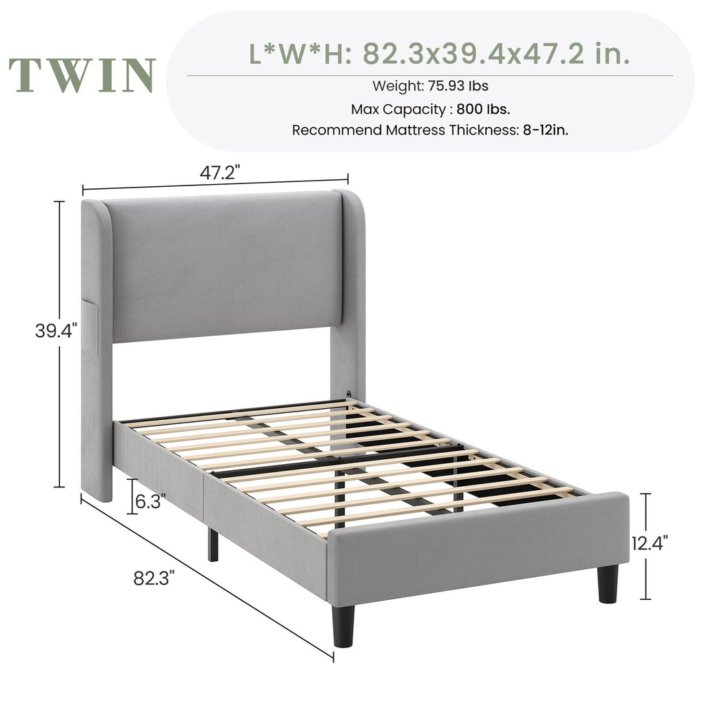 Modern Twin Bed Frame with Adjustable Headboard - Light Gray Velvet Upholstered Platform Bed, Sturdy Noise-Free Support, No Box Spring Required, Easy Assembly Metal Frame Suitable for,, Small s - Space-Saving Bed