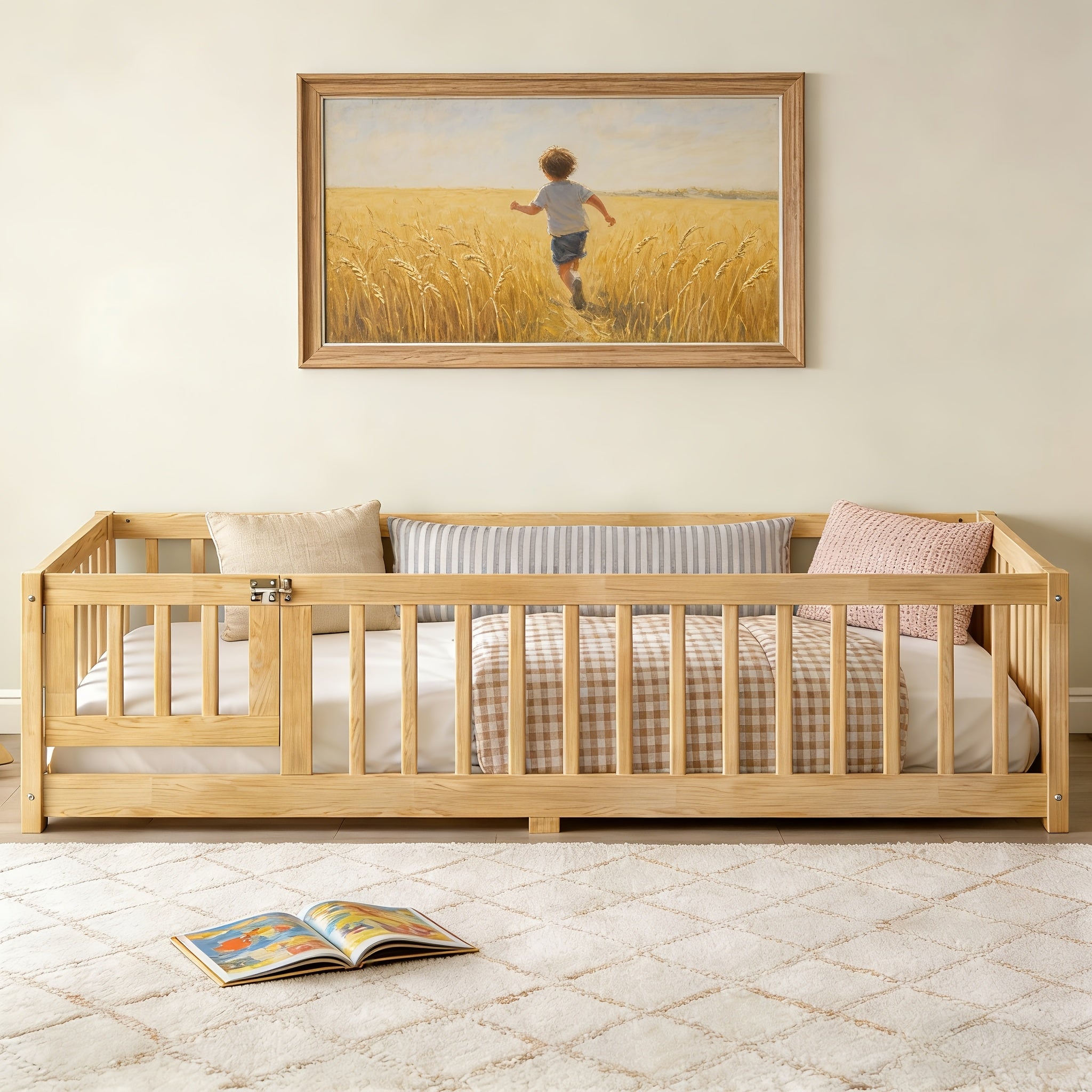 Bellemave Twin Size Floor Bed Featuring a Strong Fence And Slats, Wooden Bed Frame with Safety Guardrails for Children, Style Floor Bed for Boys And Girls, Mattress Not Included, Natural End