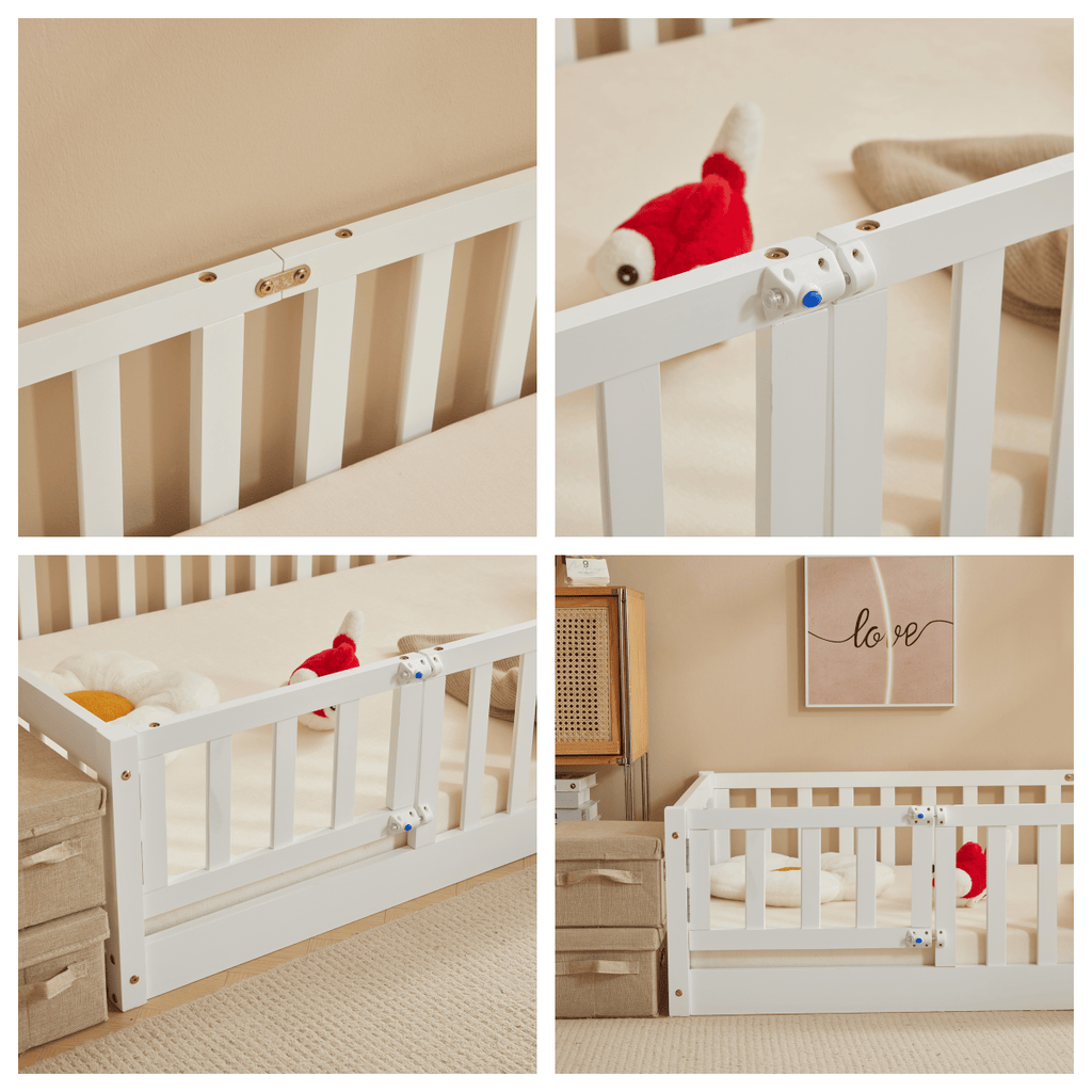 Floor Bed with Door and Fence, Floor Bed with Slats and Safety Guardrails, WoodBed Frame for Girls Boys, Natural