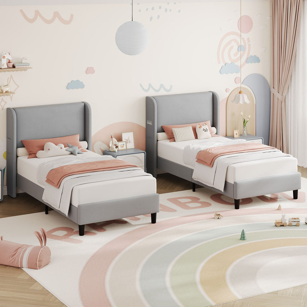Modern Twin Bed Frame with Adjustable Headboard - Light Gray Velvet Upholstered Platform Bed, Sturdy Noise-Free Support, No Box Spring Required, Easy Assembly Metal Frame Suitable for,, Small s - Space-Saving Bed