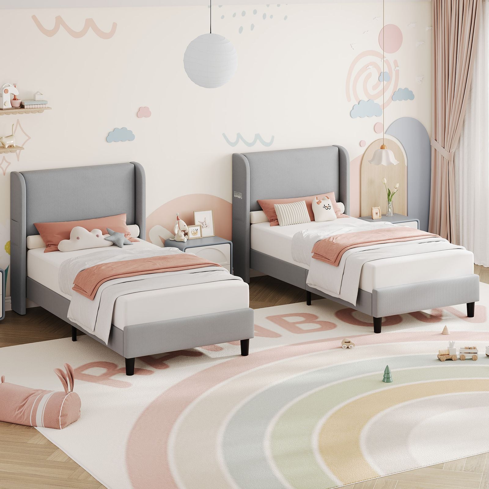 Modern Twin Bed Frame with Adjustable Headboard - Light Gray Velvet Upholstered Platform Bed, Sturdy Noise-Free Support, No Box Spring Required, Easy Assembly Metal Frame Suitable for,, Small s - Space-Saving Bed