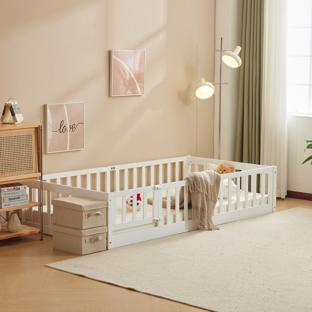 Floor Bed with Door and Fence, Floor Bed with Slats and Safety Guardrails, WoodBed Frame for Girls Boys, Natural
