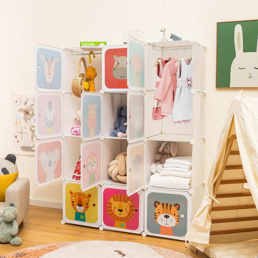 Costway Kids Wardrobe Closet, Baby Cartoon Clothes Storage Organizer, 12 Cubes & 2 Hanging Sections, Portable Children DIY Modular Bedroom Armoire Dresser Cabinet for Boys Girls (Blue\u002FPink\u002FWhite)