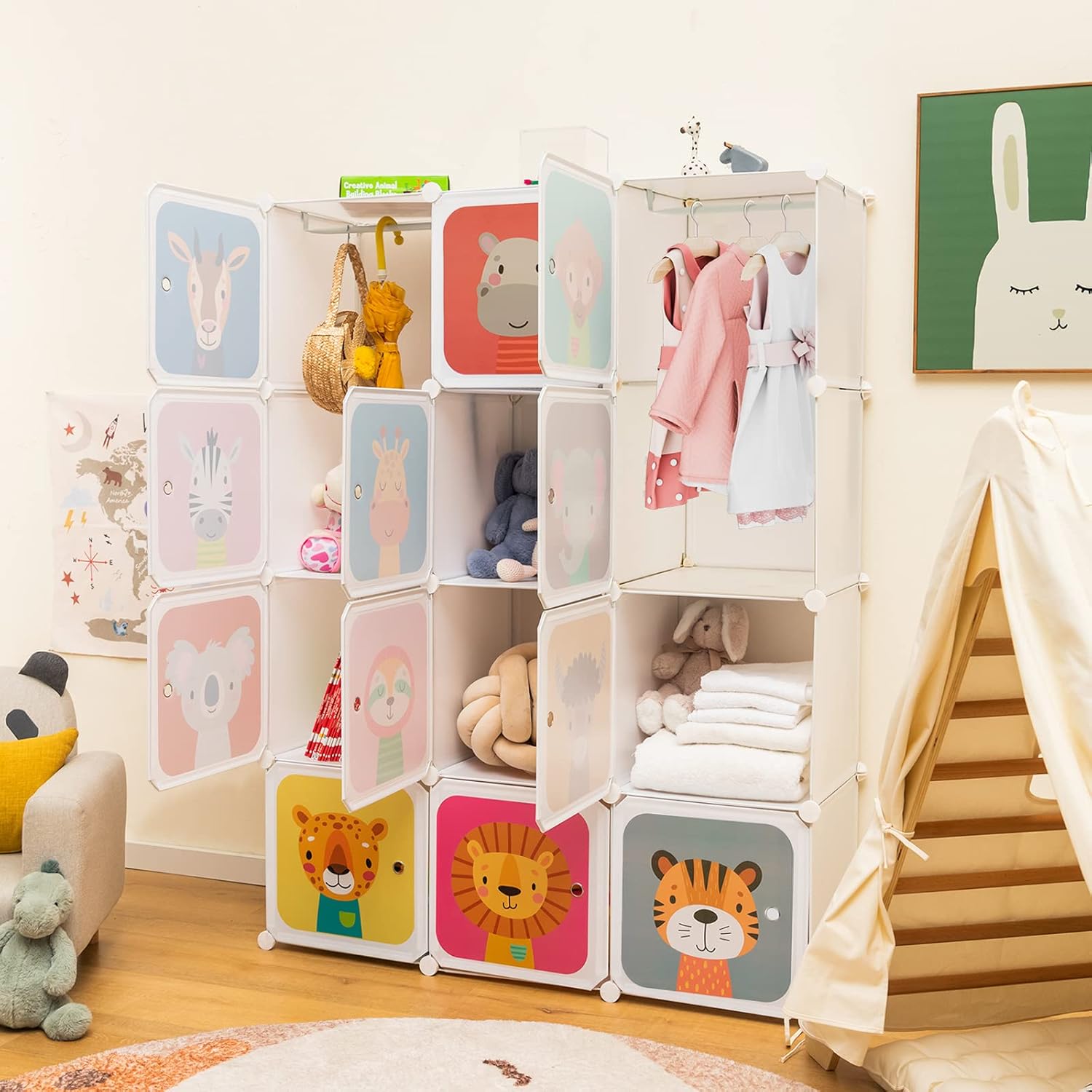 Costway Kids Wardrobe Closet, Baby Cartoon Clothes Storage Organizer, 12 Cubes & 2 Hanging Sections, Portable Children DIY Modular Bedroom Armoire Dresser Cabinet for Boys Girls (Blue\u002FPink\u002FWhite)
