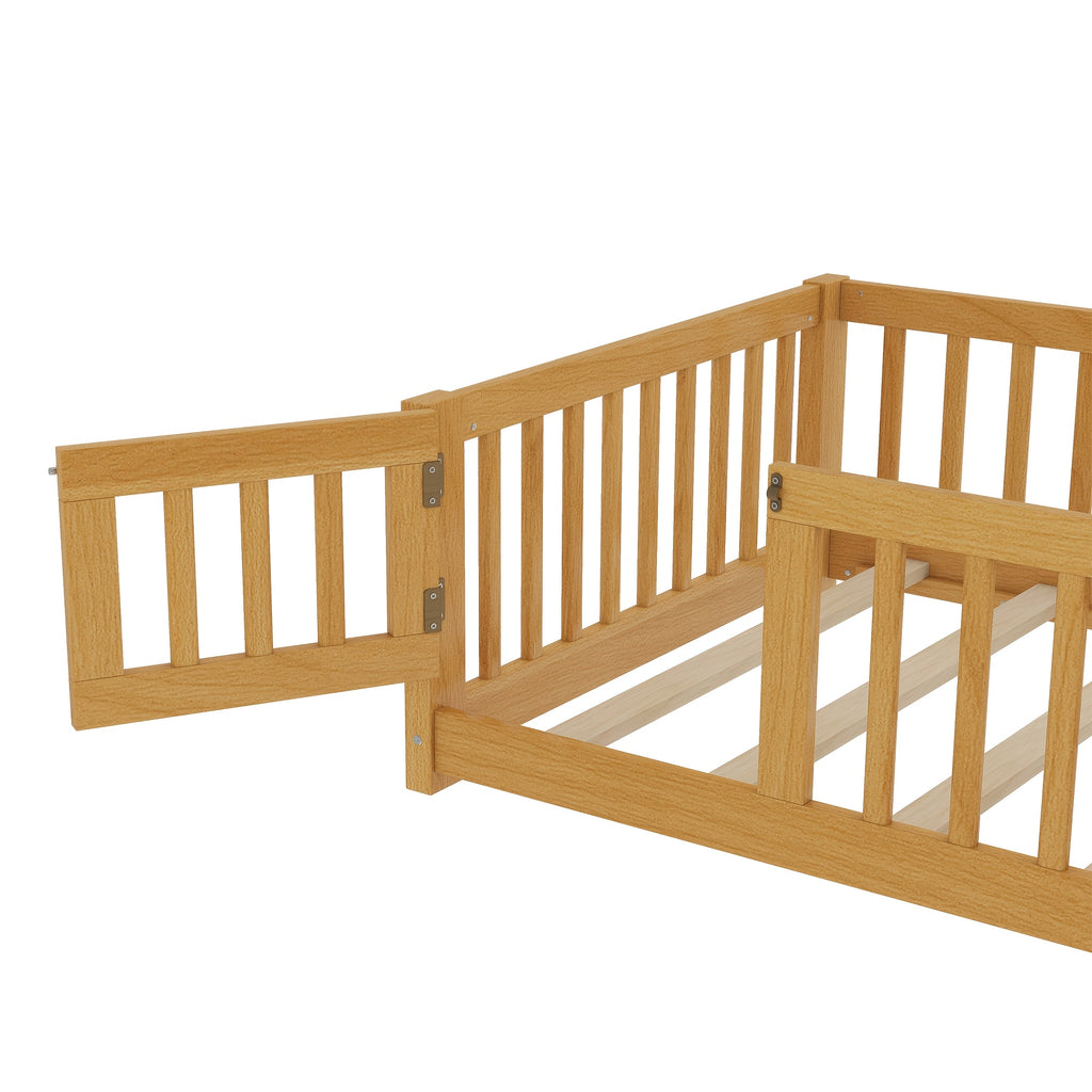 Bellemave Twin Size Floor Bed Featuring a Strong Fence And Slats, Wooden Bed Frame with Safety Guardrails for Children, Style Floor Bed for Boys And Girls, Mattress Not Included, Natural End