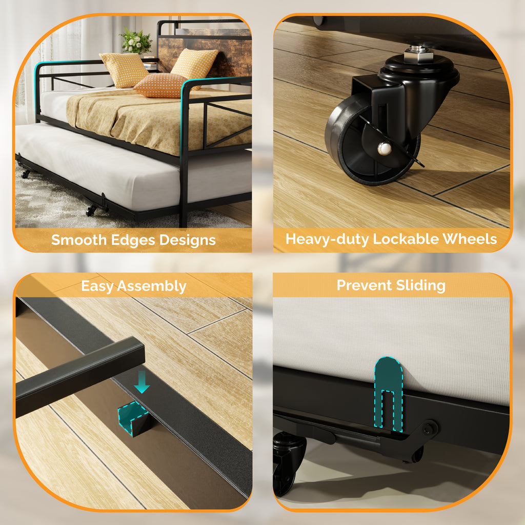 Bonnlo Twin Bed Frame with LED Light & Charing Station, Heavy Duty Sofa Daybed Trundle Bed with Storage Headboard