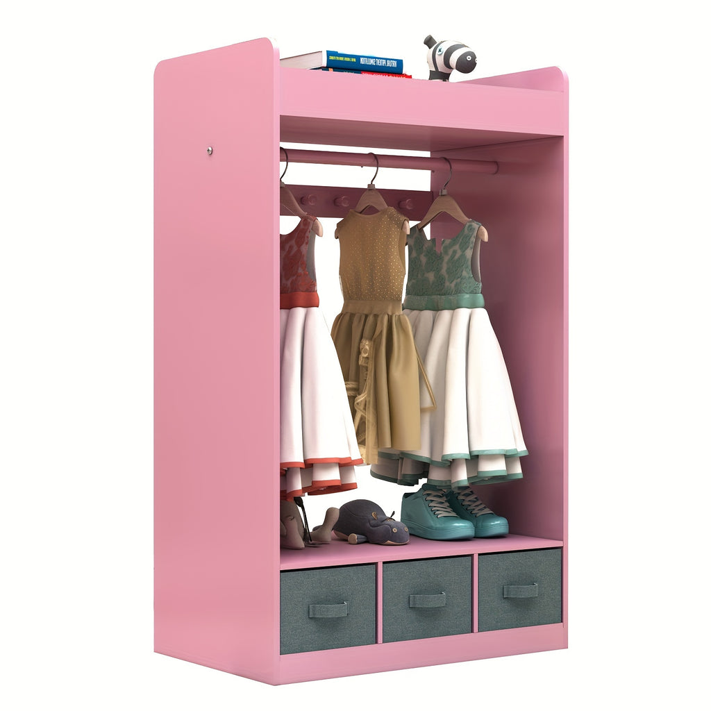 Wardrobe in Ins Style Featuring Three Non-Woven Drawers, a Clothes Hanger with Seven Clothing Beads, And a Mirror Design. Ideal for a Pink Princess-Themed Room, Perfect for Small Apartments Measuring 24.8×11.81×42.13inch