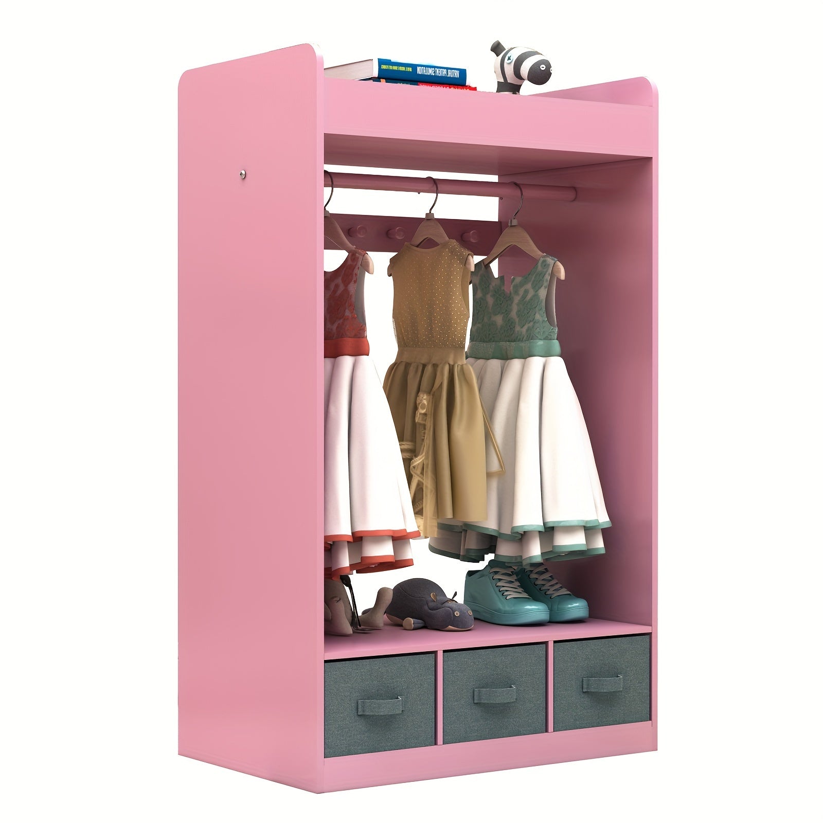 Wardrobe in Ins Style Featuring Three Non-Woven Drawers, a Clothes Hanger with Seven Clothing Beads, And a Mirror Design. Ideal for a Pink Princess-Themed Room, Perfect for Small Apartments Measuring 24.8×11.81×42.13inch