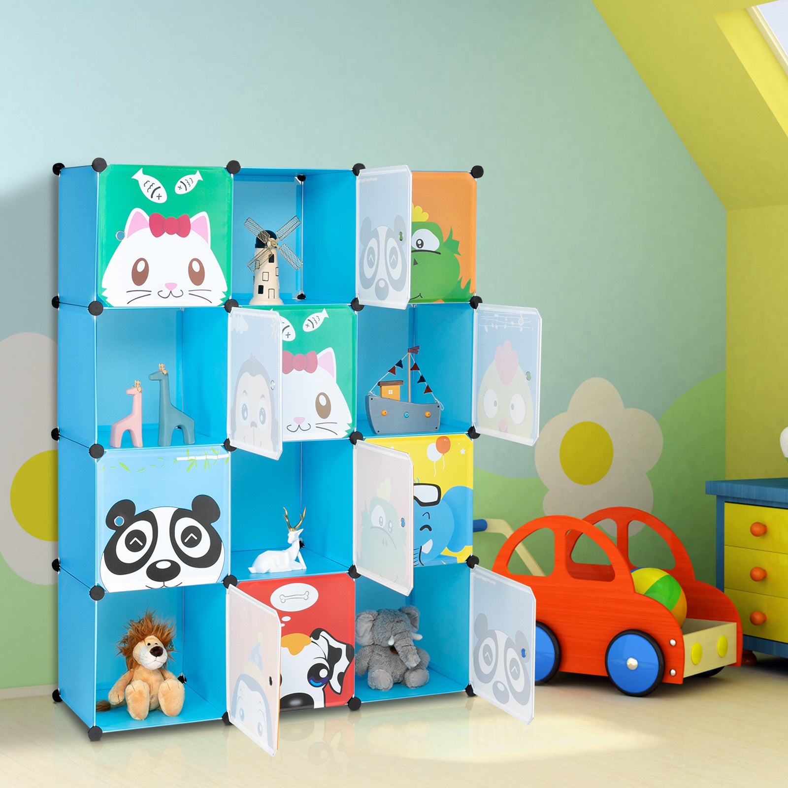 Cartoon Modular Storage Organizer with 12 Cubes & 2 Clothes Hanging Rack, Portable Armoire, Wardrobe for Bedroom