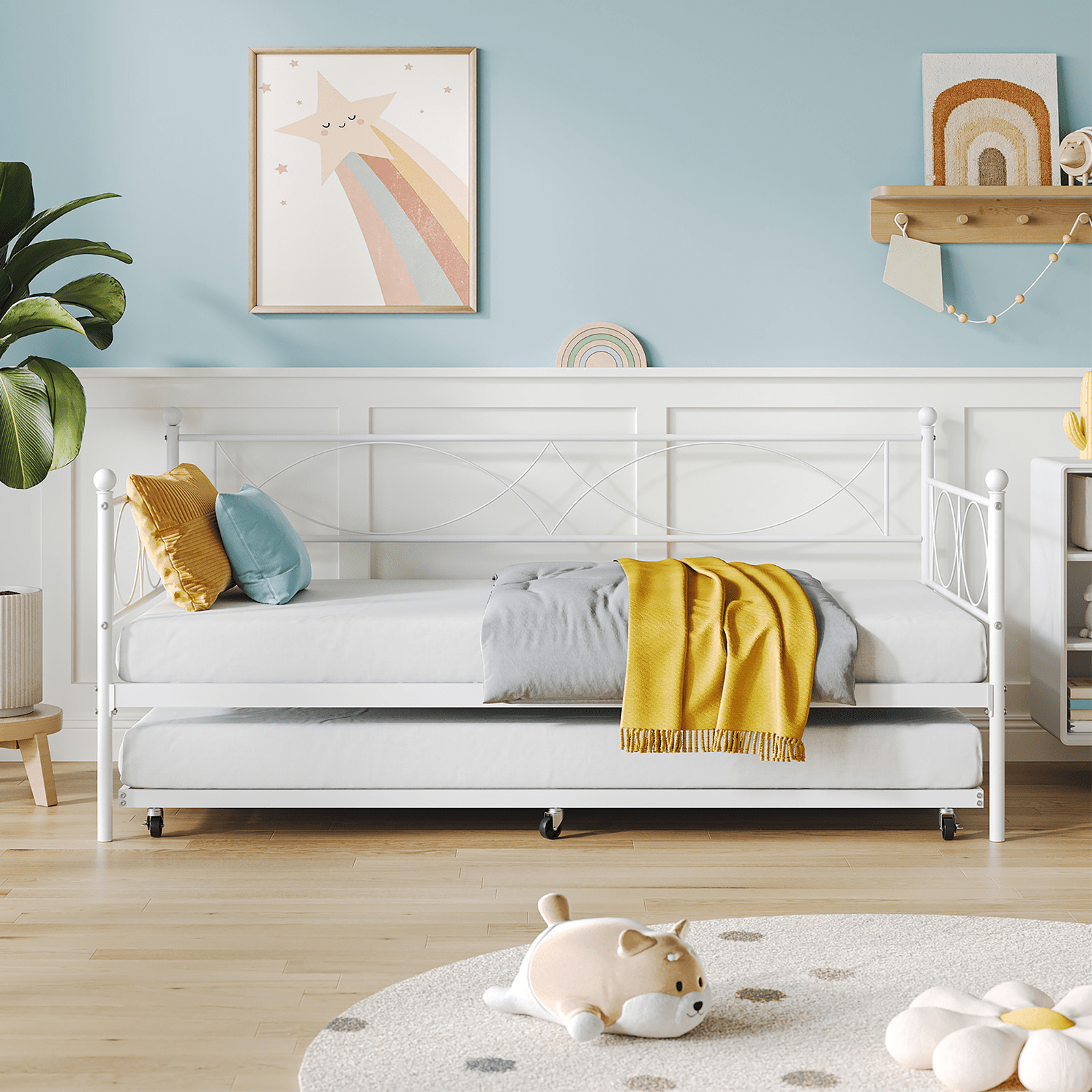 White Metal Twin Daybed with Trundle, Steel Slat Support, Multifunctional Platform Bed Frame for Bedroom, Living Room, Guest Room
