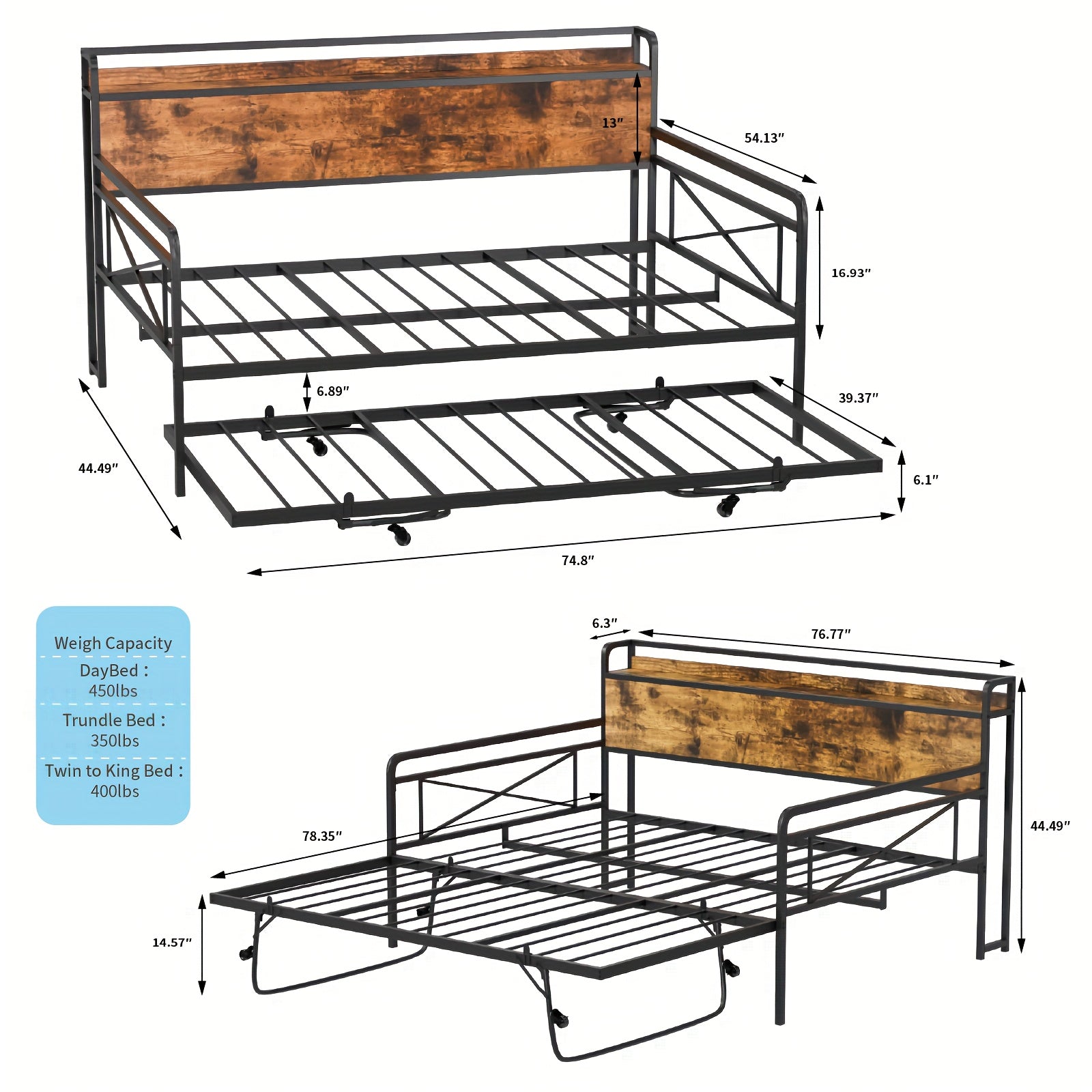 Bonnlo Twin Bed Frame with LED Light & Charing Station, Heavy Duty Sofa Daybed Trundle Bed with Storage Headboard