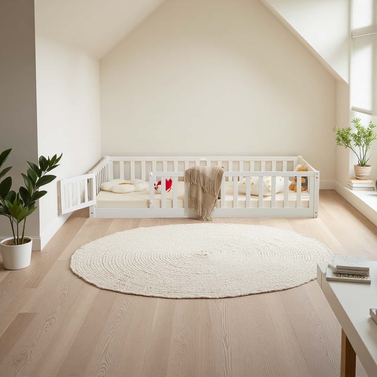 Floor Bed with Door and Fence, Floor Bed with Slats and Safety Guardrails, WoodBed Frame for Girls Boys, Natural