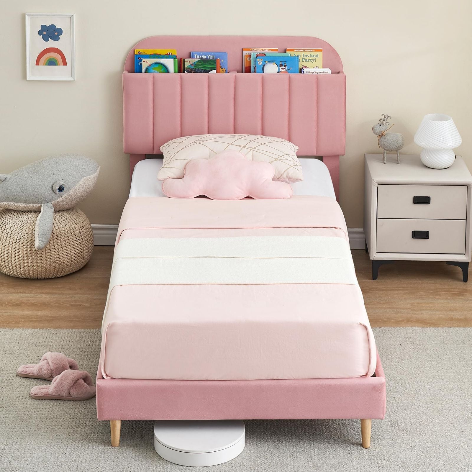 A Stylish Pink Twin XL Platform Bed Frame for Kids Featuring a Built-In Bookcase Headboard, Wooden Slats for Support, And No Need for a Box Spring. It'S Easy to Assemble And Serves As an Elegant Centerpiece for Your Living Room