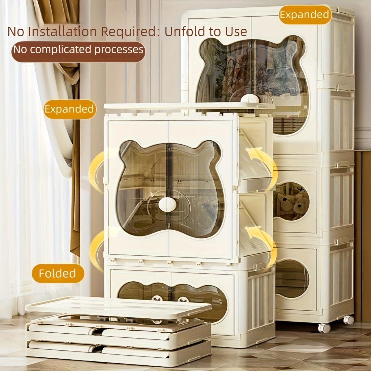 Portable Wardrobe with Wheels And Magnetic Doors, Bear-Shaped Storage Cabinet with Ample Space for Clothing, Suitable for Bedrooms, Easy to Assemble for Home Or Dorm Use, Durable And Easy to Clean Design (2\u002F3 Tiers)