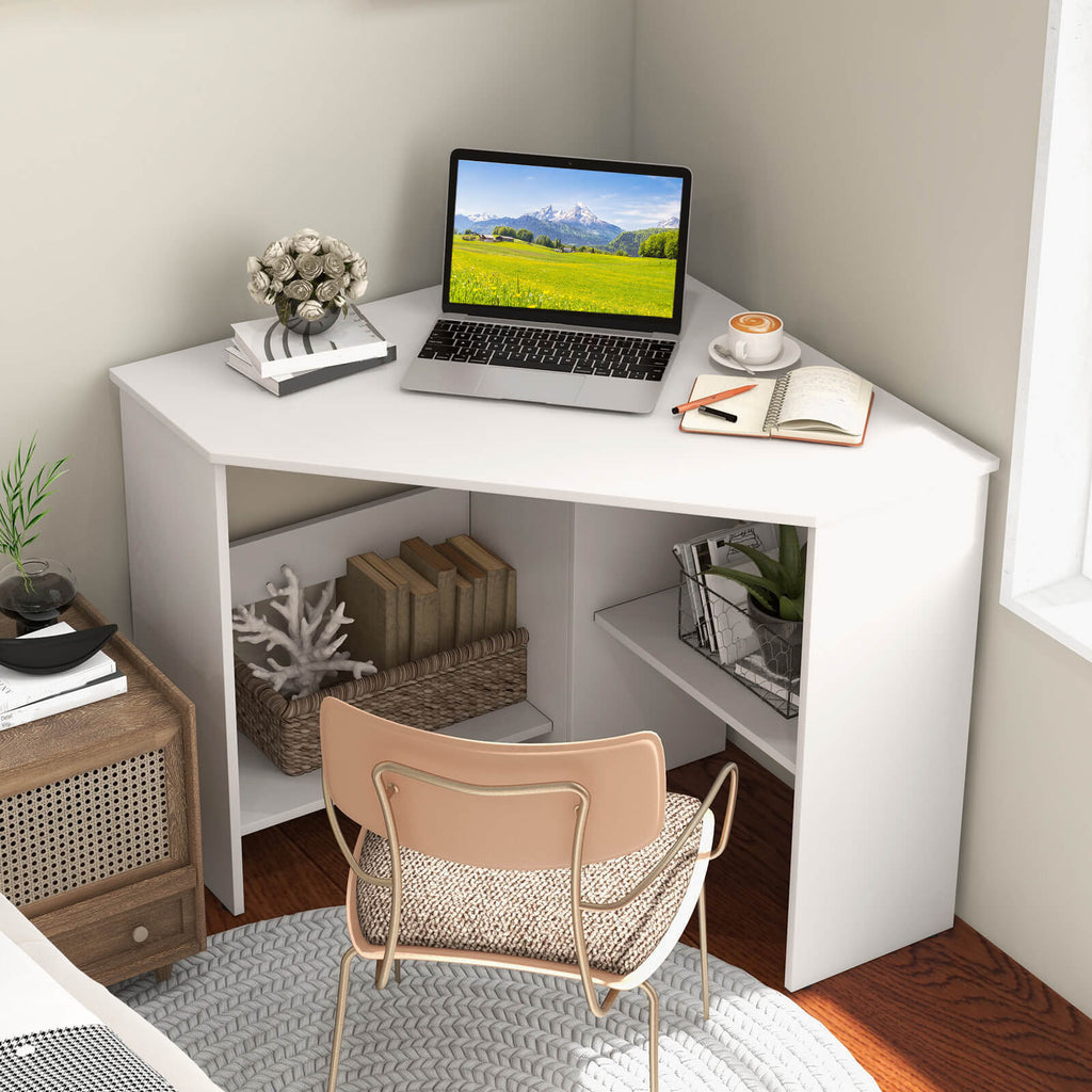 90° Corner Desk for Small Space, Home Office Computer Desk with Open Shelves & Cable Management Holes, Laptop Workstation, Triangular Makeup Vanity Desk for Living Room, Bedroom & Study