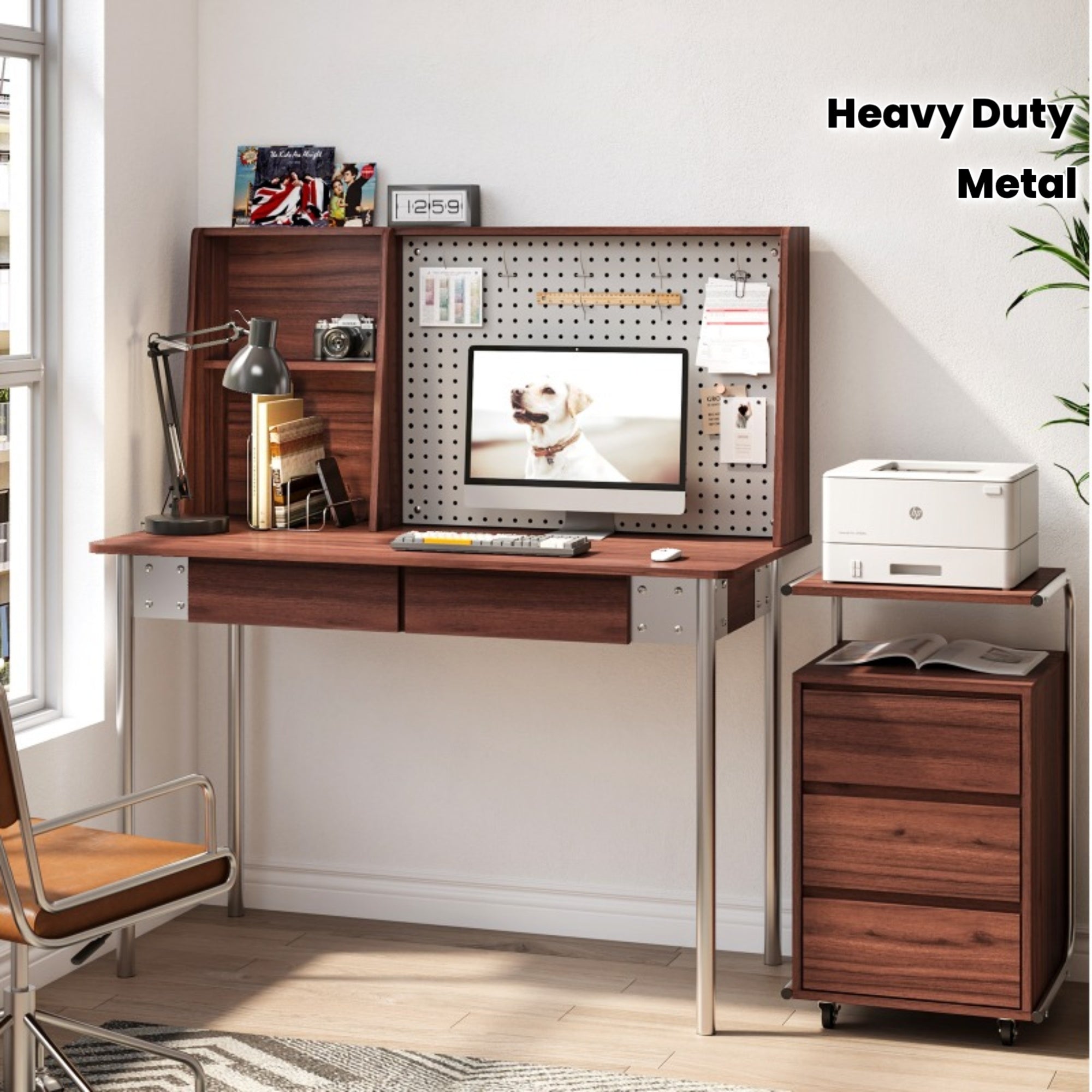 47 Inch Large Computer Desk with Pegboard & 2-Drawer Storage - Heavy-Duty Metal Legs & Walnut Home Office Desk, Spacious Work Surface, Classic Modern Design with Storage Hutch for Gaming, Study, or Professional Workspaces - Easy Assembly