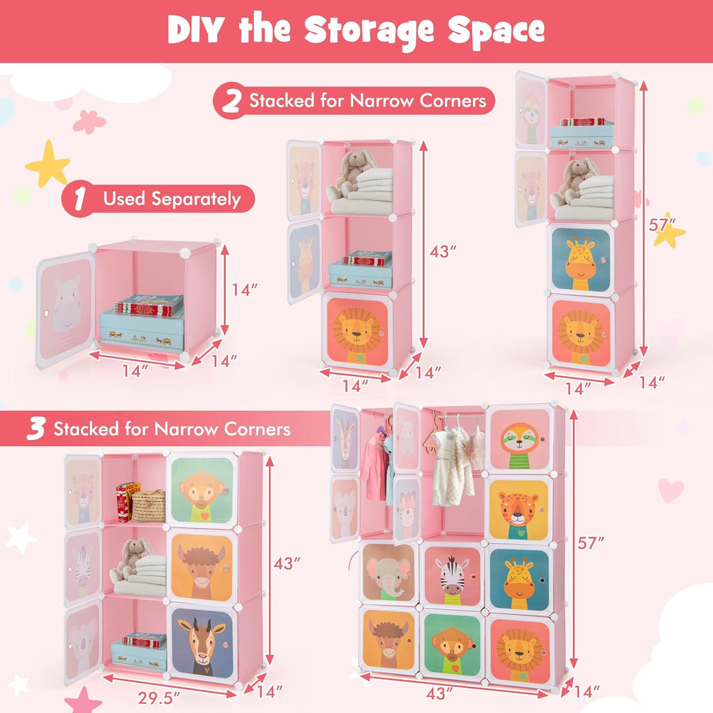 Costway Kids Wardrobe Closet, Baby Cartoon Clothes Storage Organizer, 12 Cubes & 2 Hanging Sections, Portable Children DIY Modular Bedroom Armoire Dresser Cabinet for Boys Girls (Blue\u002FPink\u002FWhite)
