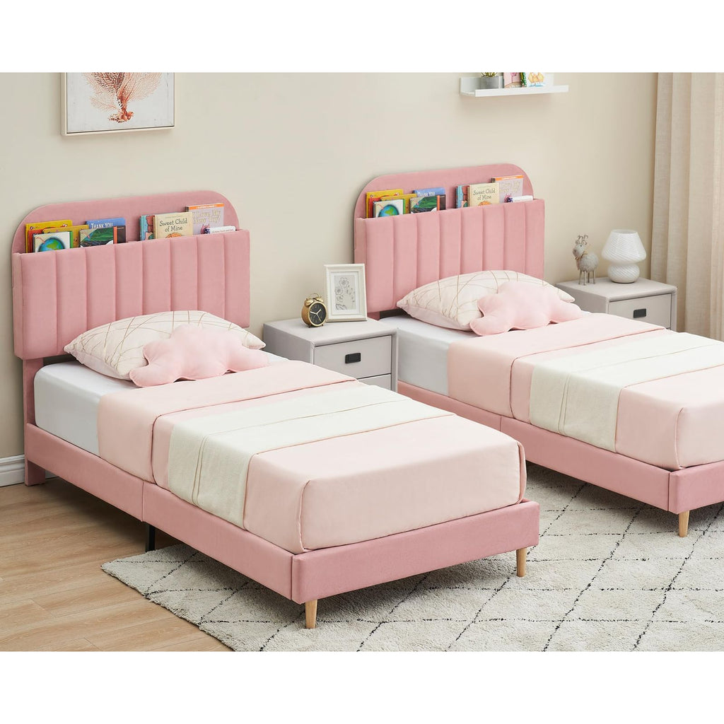A Stylish Pink Twin XL Platform Bed Frame for Kids Featuring a Built-In Bookcase Headboard, Wooden Slats for Support, And No Need for a Box Spring. It'S Easy to Assemble And Serves As an Elegant Centerpiece for Your Living Room