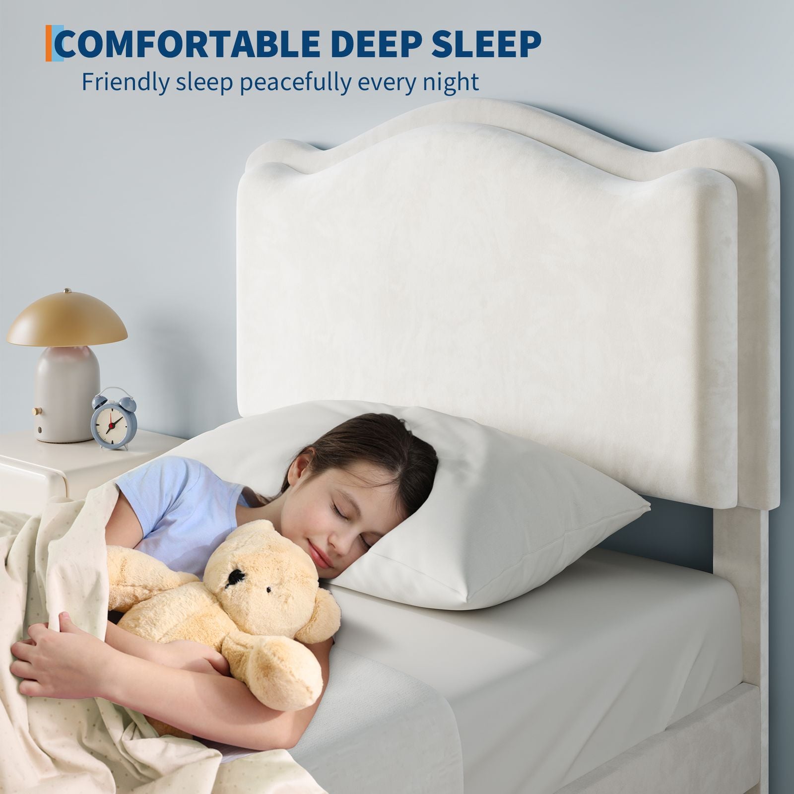 White Twin Soft Platform Bed Featuring a Headboard And Storage Drawer, Designed for Girls And Kids. It Includes Wooden Slats, Requires No Box Spring, And Is Easy to Assemble