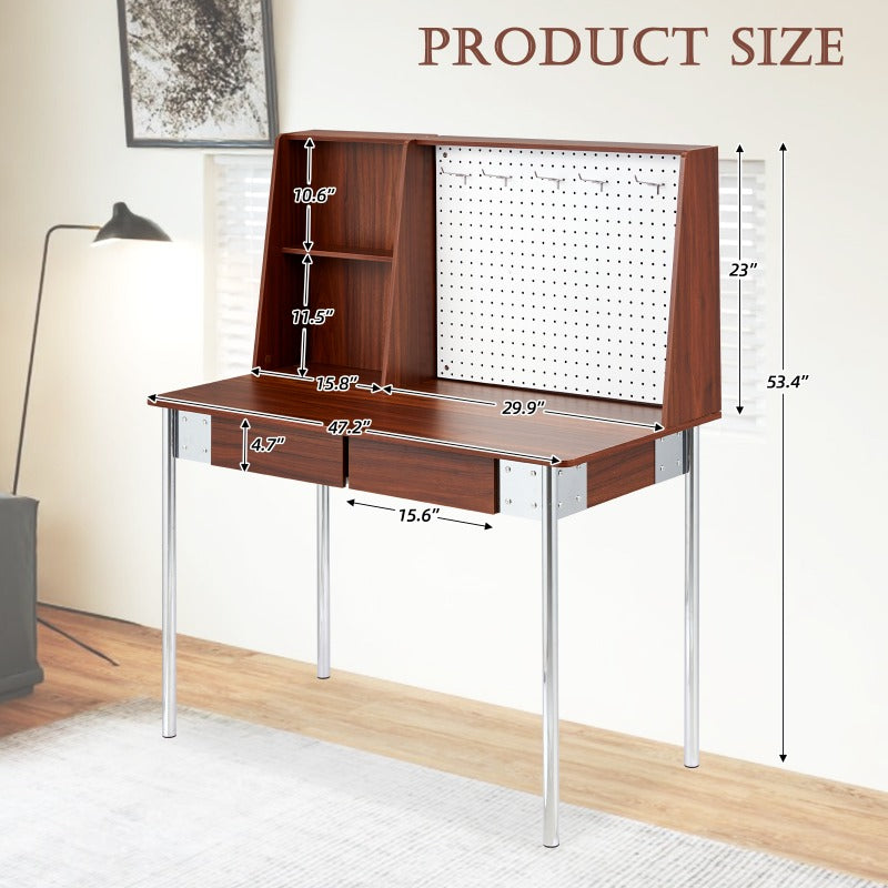 47 Inch Large Computer Desk with Pegboard & 2-Drawer Storage - Heavy-Duty Metal Legs & Walnut Home Office Desk, Spacious Work Surface, Classic Modern Design with Storage Hutch for Gaming, Study, or Professional Workspaces - Easy Assembly