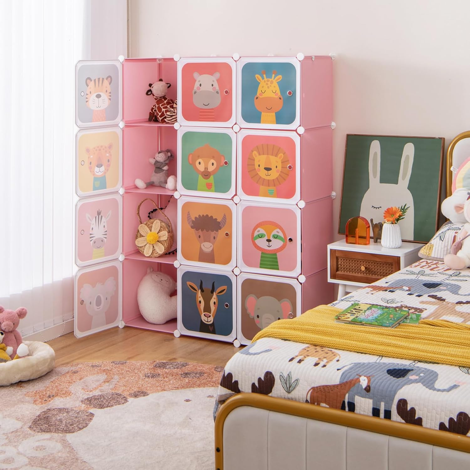 Costway Kids Wardrobe Closet, Baby Cartoon Clothes Storage Organizer, 12 Cubes & 2 Hanging Sections, Portable Children DIY Modular Bedroom Armoire Dresser Cabinet for Boys Girls (Blue\u002FPink\u002FWhite)