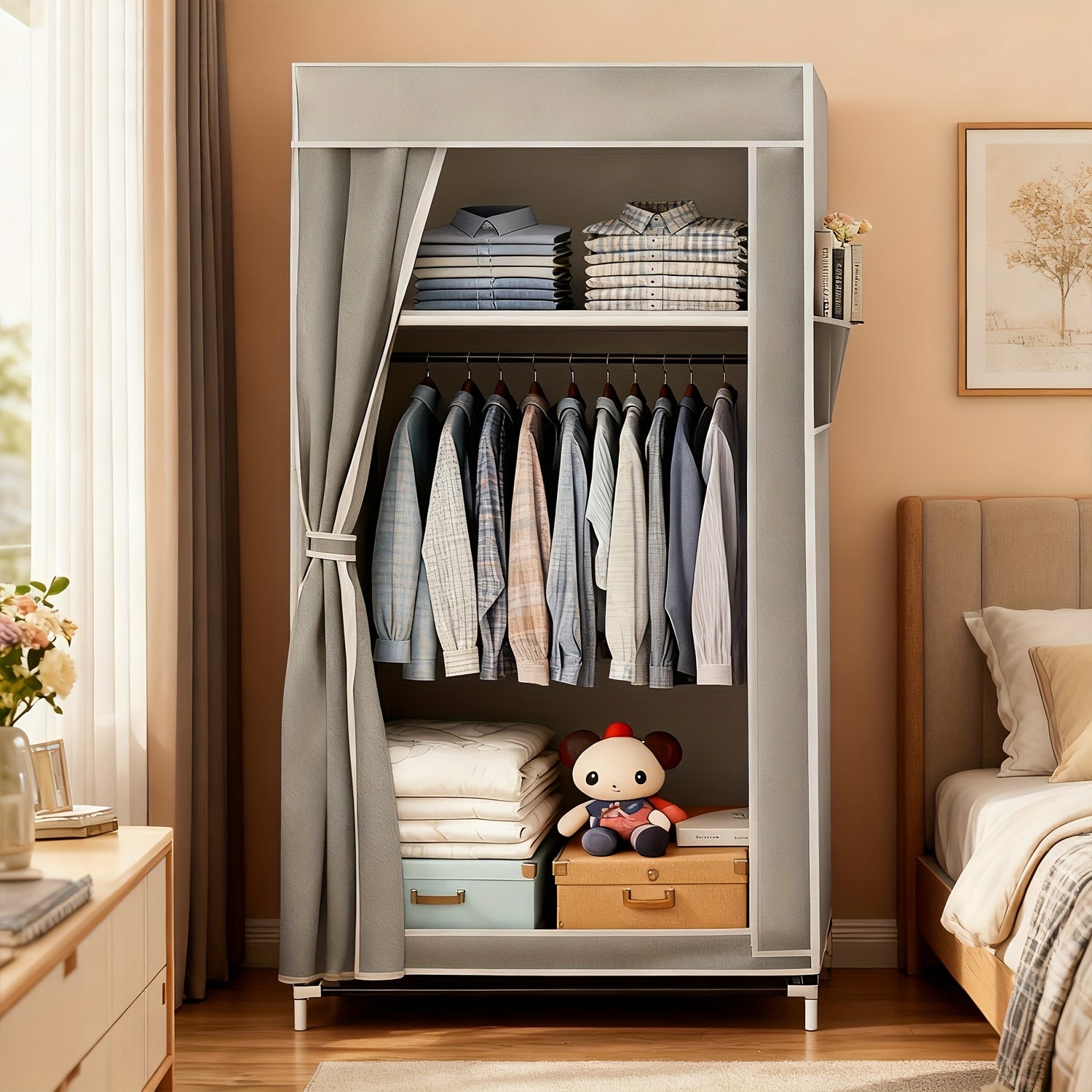 LED Light Decorative Wardrobe, Side Zipper Easy Space-Saving Cabinet, Upgraded Heavy-Duty Hanging Rod, Non-Woven Partition, Home Bedroom Storage, Apartment Dormitory Clothing Organization, Clothes, Blankets, Shoes, Books, Ornaments Closet Display