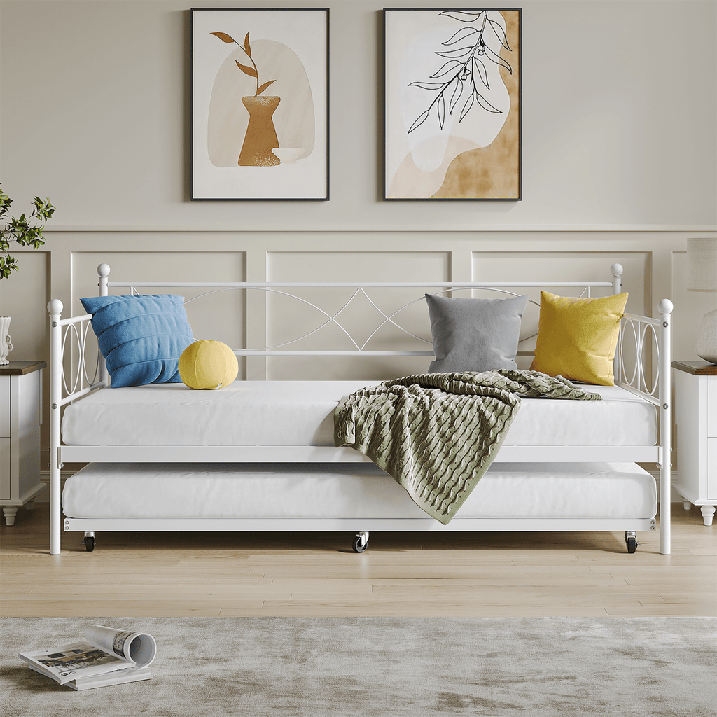 White Metal Twin Daybed with Trundle, Steel Slat Support, Multifunctional Platform Bed Frame for Bedroom, Living Room, Guest Room