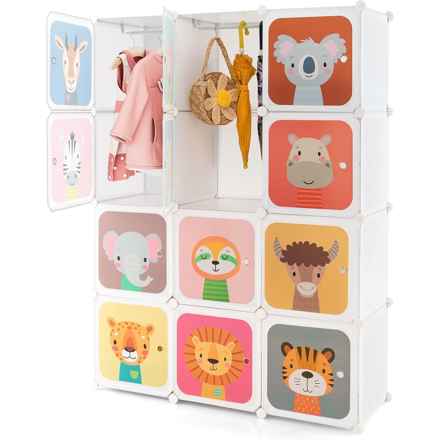 Costway Kids Wardrobe Closet, Baby Cartoon Clothes Storage Organizer, 12 Cubes & 2 Hanging Sections, Portable Children DIY Modular Bedroom Armoire Dresser Cabinet for Boys Girls (Blue\u002FPink\u002FWhite)