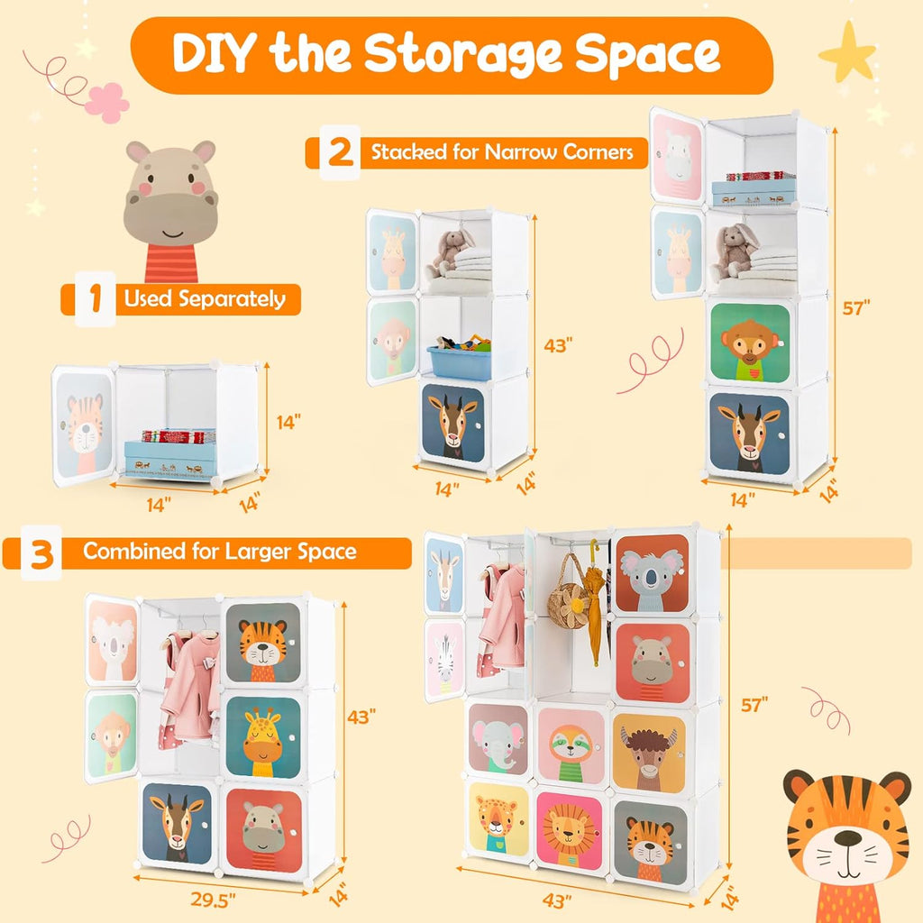 Costway Kids Wardrobe Closet, Baby Cartoon Clothes Storage Organizer, 12 Cubes & 2 Hanging Sections, Portable Children DIY Modular Bedroom Armoire Dresser Cabinet for Boys Girls (Blue\u002FPink\u002FWhite)