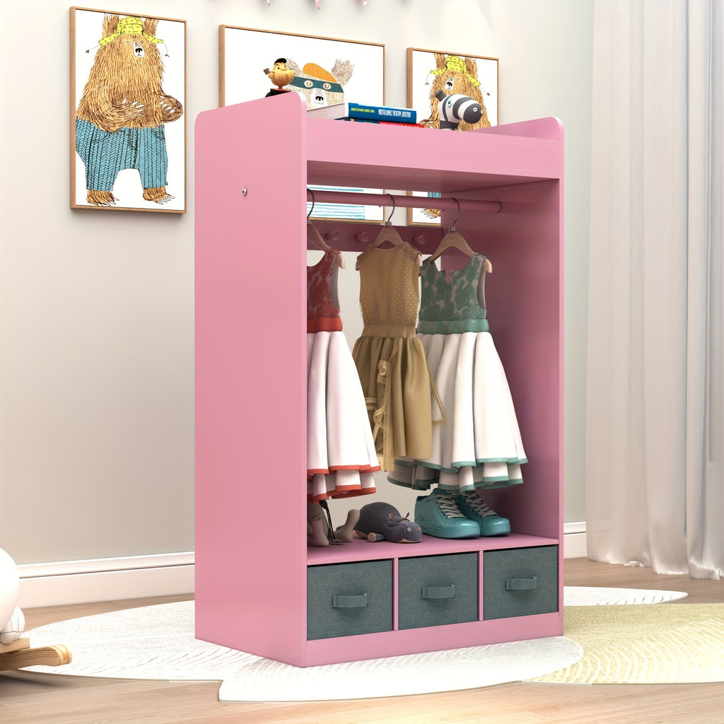 Wardrobe in Ins Style Featuring Three Non-Woven Drawers, a Clothes Hanger with Seven Clothing Beads, And a Mirror Design. Ideal for a Pink Princess-Themed Room, Perfect for Small Apartments Measuring 24.8×11.81×42.13inch