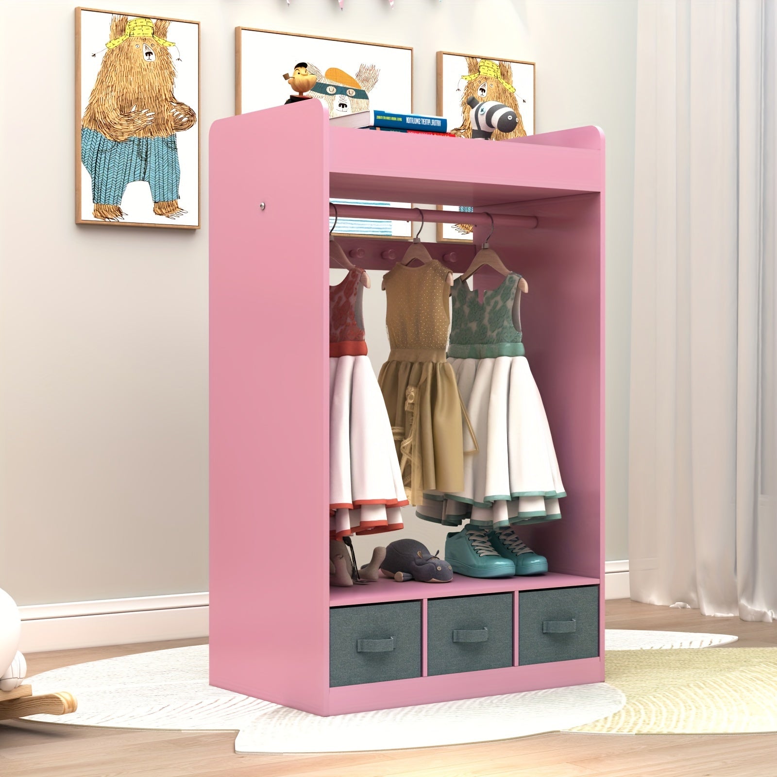 Wardrobe in Ins Style Featuring Three Non-Woven Drawers, a Clothes Hanger with Seven Clothing Beads, And a Mirror Design. Ideal for a Pink Princess-Themed Room, Perfect for Small Apartments Measuring 24.8×11.81×42.13inch