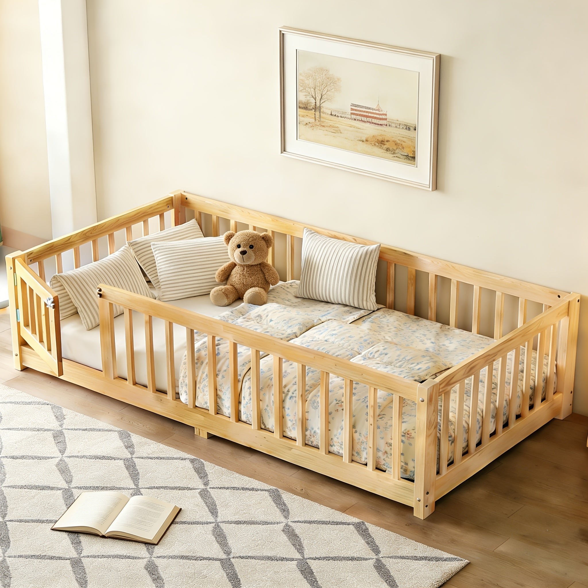 Bellemave Twin Size Floor Bed Featuring a Strong Fence And Slats, Wooden Bed Frame with Safety Guardrails for Children, Style Floor Bed for Boys And Girls, Mattress Not Included, Natural End