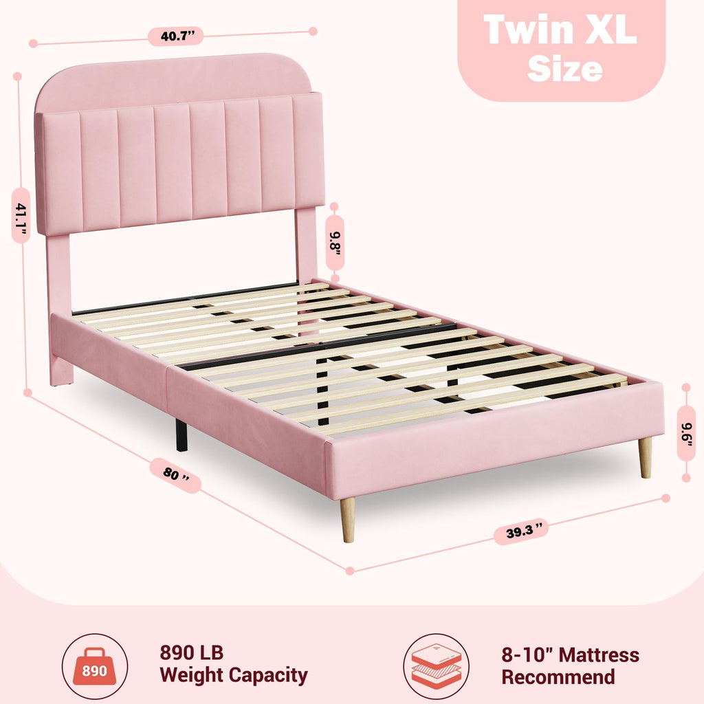 A Stylish Pink Twin XL Platform Bed Frame for Kids Featuring a Built-In Bookcase Headboard, Wooden Slats for Support, And No Need for a Box Spring. It'S Easy to Assemble And Serves As an Elegant Centerpiece for Your Living Room