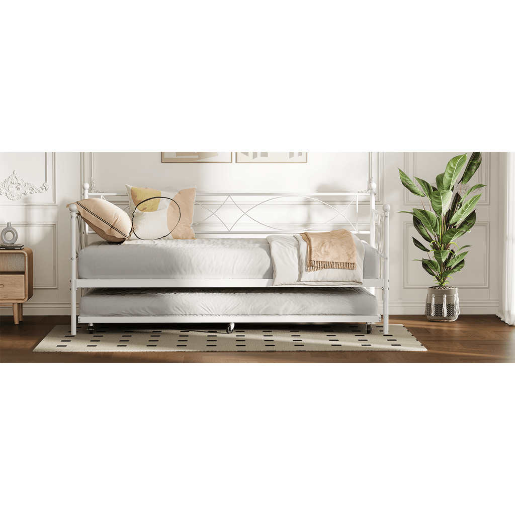 White Metal Twin Daybed with Trundle, Steel Slat Support, Multifunctional Platform Bed Frame for Bedroom, Living Room, Guest Room