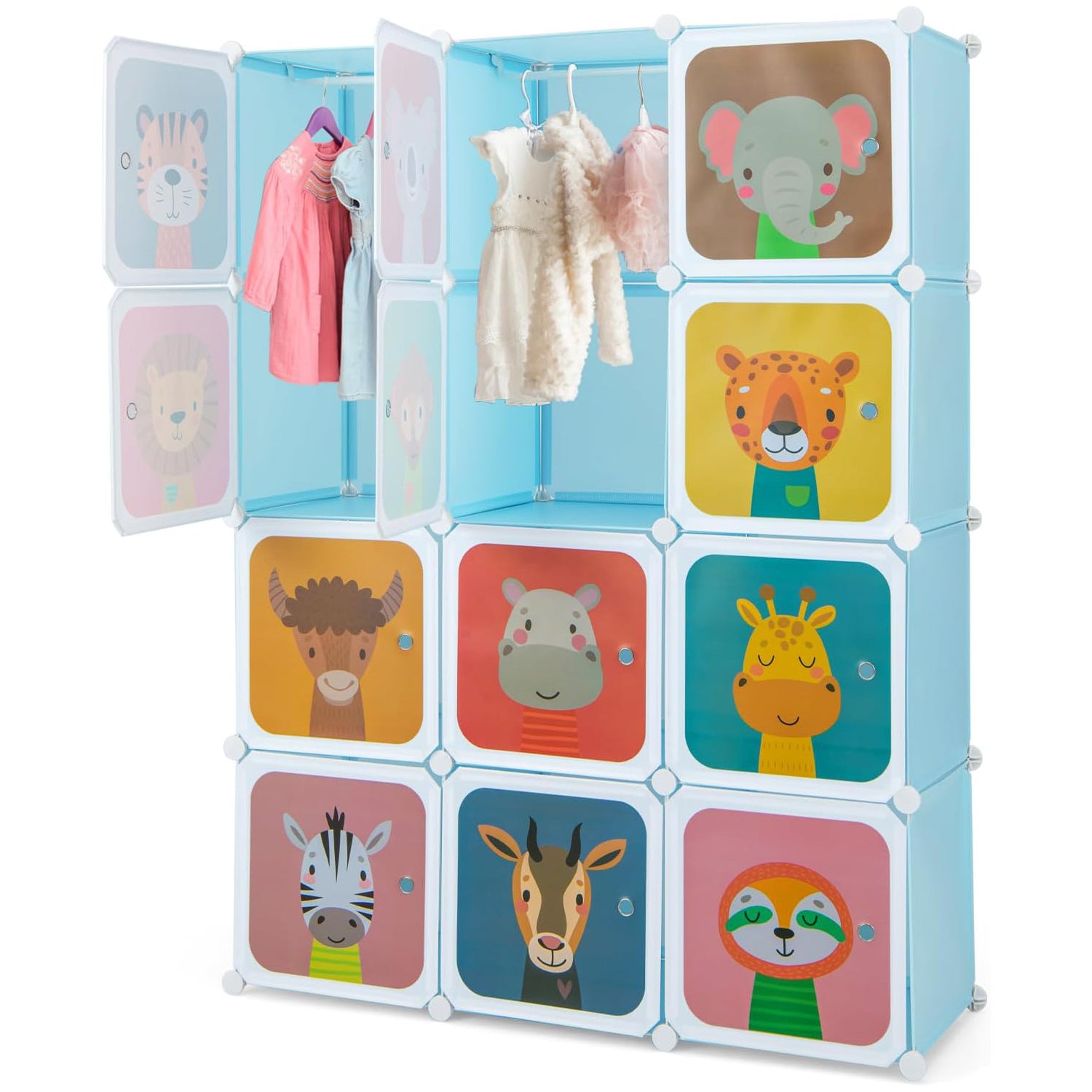 Costway Kids Wardrobe Closet, Baby Cartoon Clothes Storage Organizer, 12 Cubes & 2 Hanging Sections, Portable Children DIY Modular Bedroom Armoire Dresser Cabinet for Boys Girls (Blue\u002FPink\u002FWhite)
