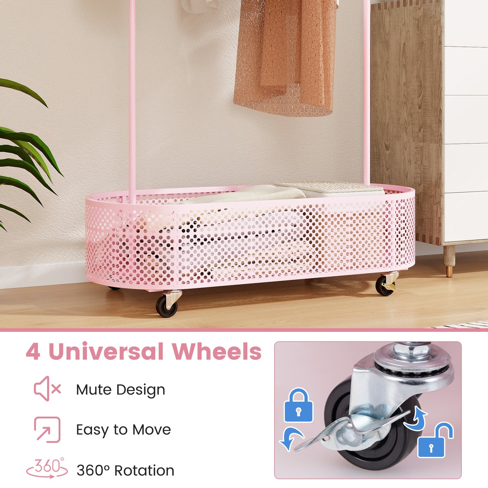 COSTWAY Clothes Rack W\u002F 3 Adjustable Heights, Home Freestanding Clothes Rack On Wheels, Cartoon Wardrobe W\u002F Basket For Adults, Portable Mobile Clothes Hanging Rod