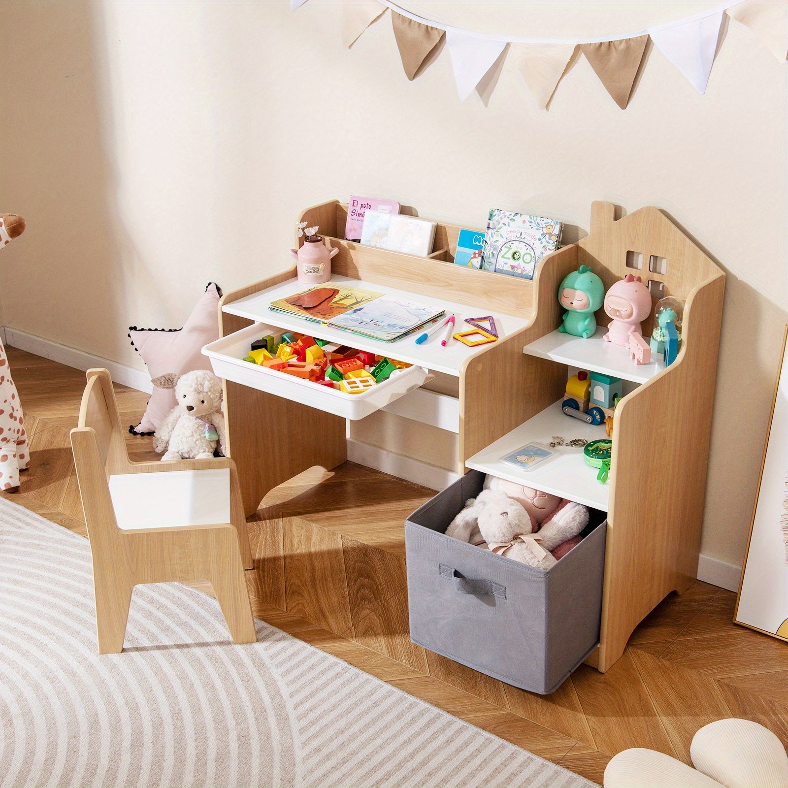 COSTWAY Kids Study Desk and Chair Set, Children Study Table w\u002F Open Shelves, Drawer & Fabric Storage Bin, Student Drawing Writing Desk Set for Boys & Girls, Kids Furniture Set for Bedroom Study