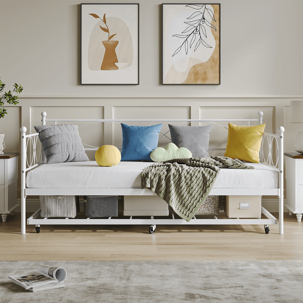 White Metal Twin Daybed with Trundle, Steel Slat Support, Multifunctional Platform Bed Frame for Bedroom, Living Room, Guest Room