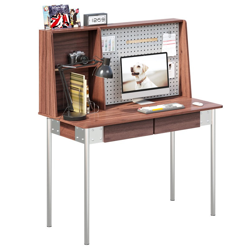 47 Inch Large Computer Desk with Pegboard & 2-Drawer Storage - Heavy-Duty Metal Legs & Walnut Home Office Desk, Spacious Work Surface, Classic Modern Design with Storage Hutch for Gaming, Study, or Professional Workspaces - Easy Assembly