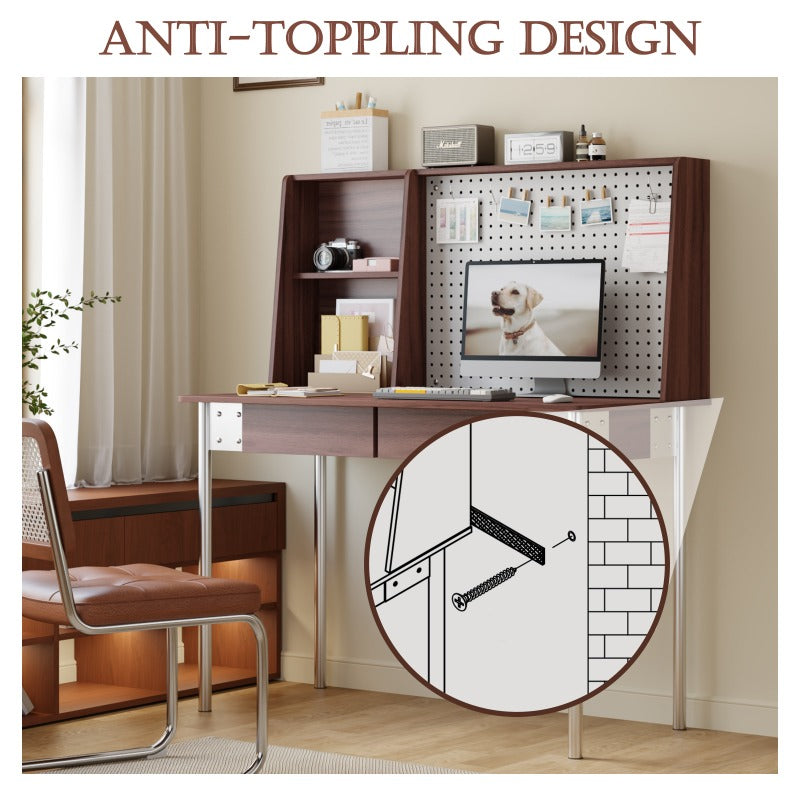 47 Inch Large Computer Desk with Pegboard & 2-Drawer Storage - Heavy-Duty Metal Legs & Walnut Home Office Desk, Spacious Work Surface, Classic Modern Design with Storage Hutch for Gaming, Study, or Professional Workspaces - Easy Assembly