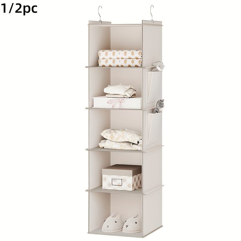 1\u002F2 Pack Multi-Tier Hanging Storage Rack - 5-Layer Durable Clear Divider Wardrobe Organizer With Hanging Hooks For Clothes, Shoes, Toys - Space-Saving Multifunctional Room Storage (Matte Finish)