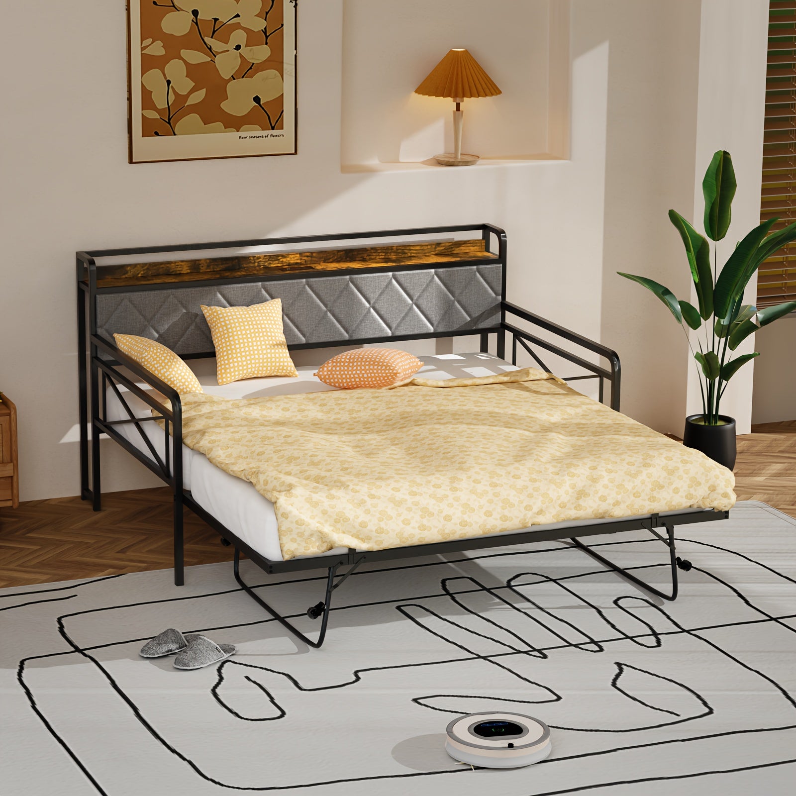 Bonnlo Twin Bed Frame with LED Light & Charing Station, Heavy Duty Sofa Daybed Trundle Bed with Storage Headboard