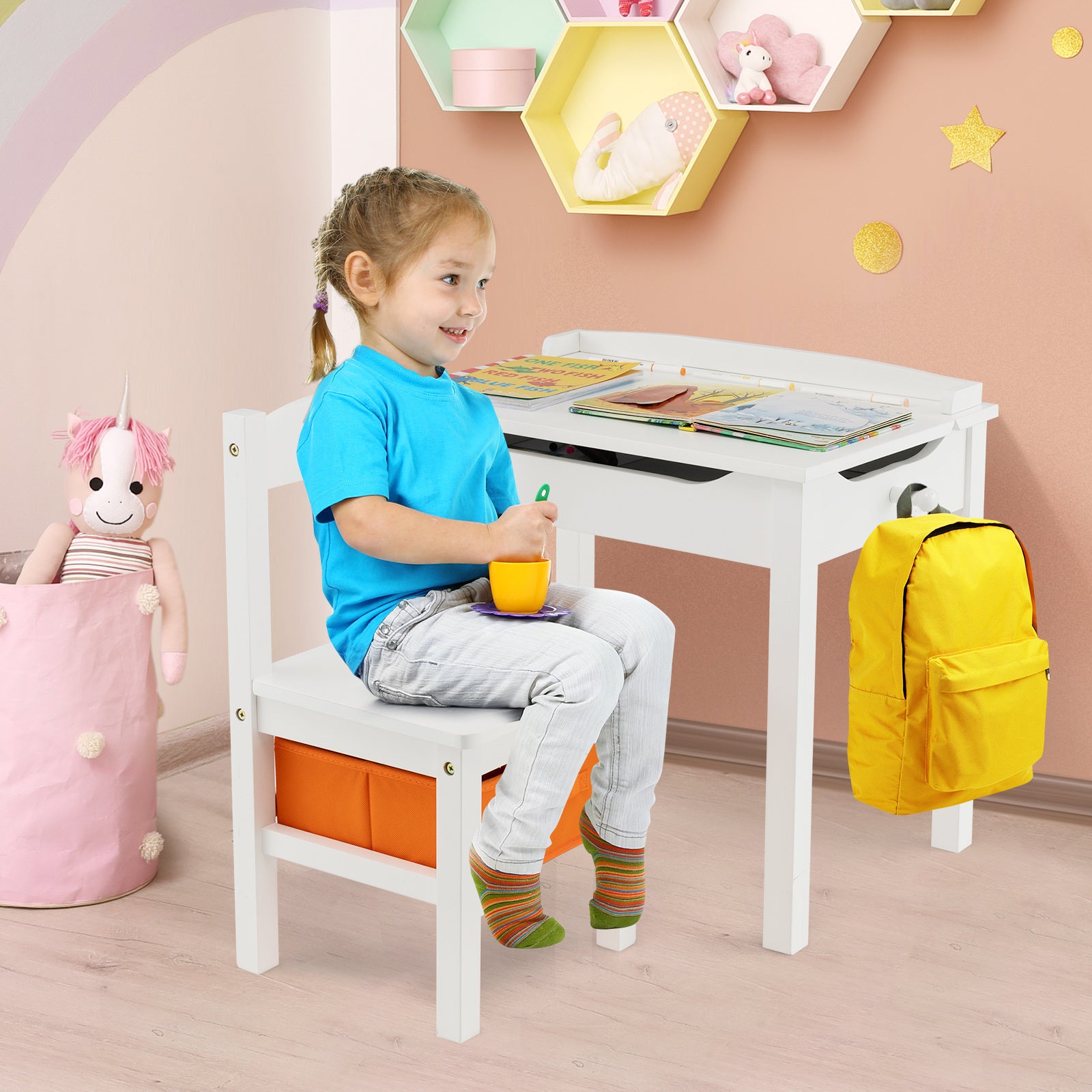 COSTWAY Kids Desk and Chair Set, Children Wooden Activity Study Table and Chair Set with Flip-Top Design, Storage Space, Safety Hinge, Hook and Fabric Drawer, Toddler Furniture Set for Arts, Crafts, Playing, Drawing and Homeschooling